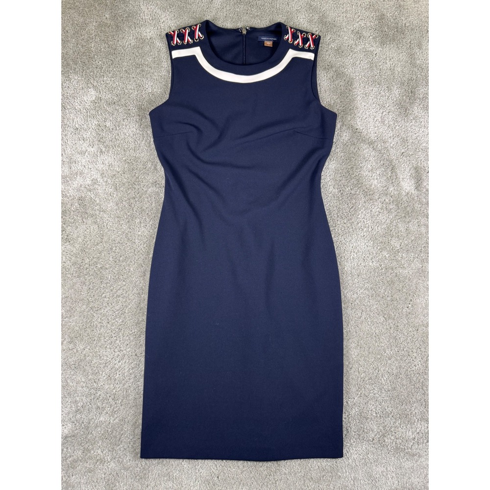 Tommy Hilfiger Navy Blue Lace Up Shoulder Sheath Dress Size 6 Nautical Crepe
